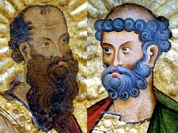 Bild: Die Heiligen Paulus und Petrus, Ausschnitt,, Wormser Tafeln, um 1250/60, Foto: Wolfgang Fuhrmannek